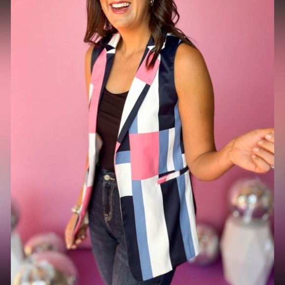 Coral Multi Abstract Printed Colorblock Blazer Vest - Picture 3 of 4